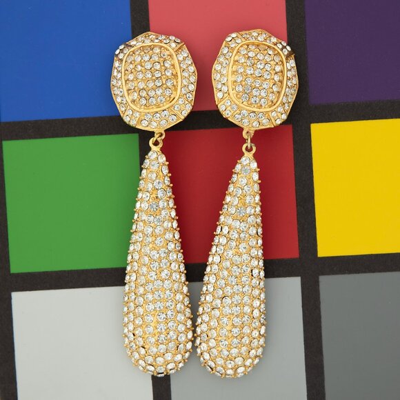 VTG Clip On Inspired Pave Crystal Statement Earrings Gold Tone Dangle Drop Glam - Picture 7 of 7